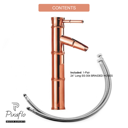 Pixaflo Bamboo Brass Extended Tall Body Hot & Cold Single Lever Basin Mixer 12" Antique Tap with 24 inches Long Braided Hoses | Rose Gold