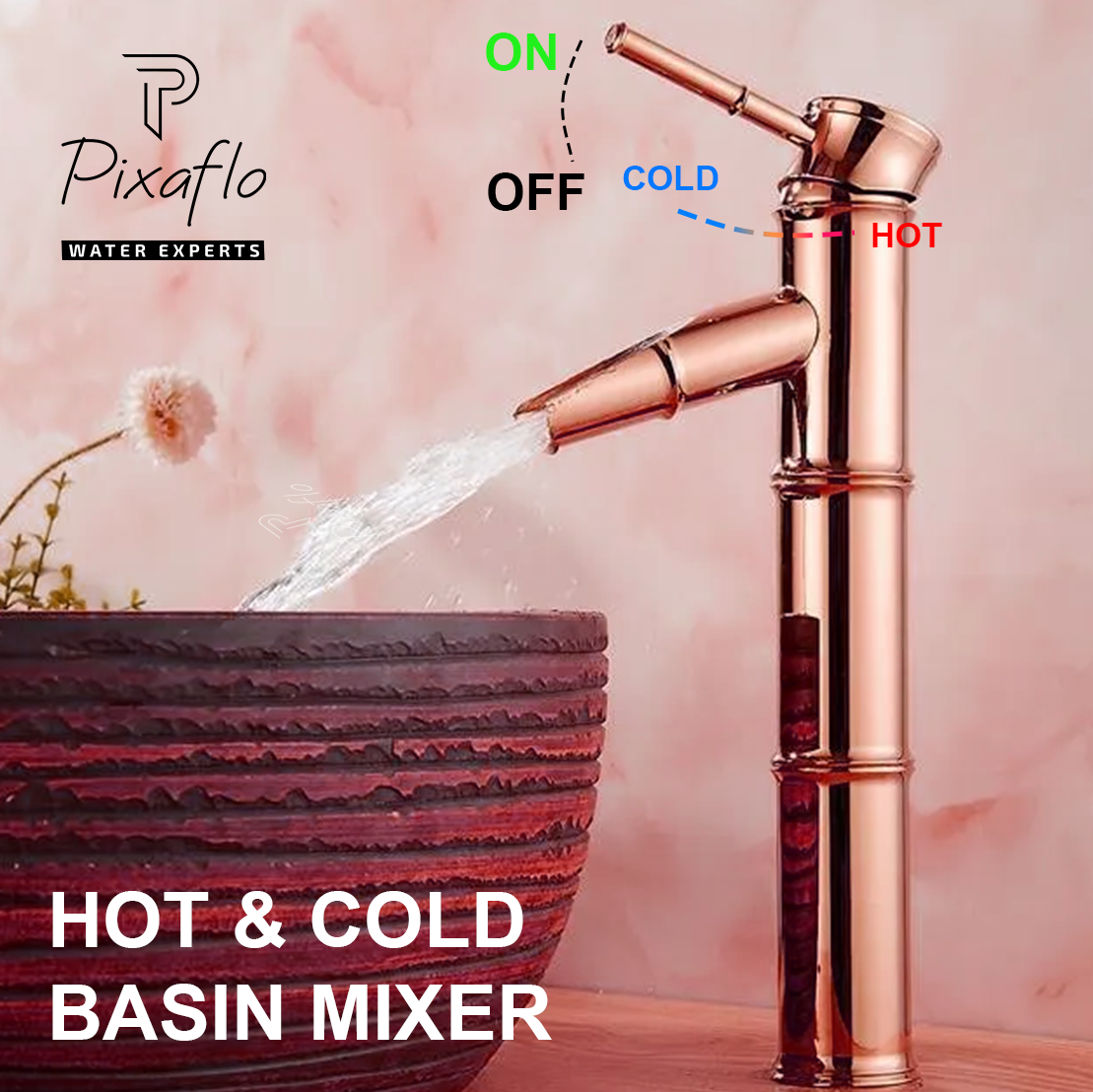 Pixaflo Bamboo Brass Extended Tall Body Hot & Cold Single Lever Basin Mixer 12" Antique Tap with 24 inches Long Braided Hoses | Rose Gold
