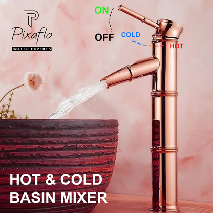 Pixaflo Bamboo Brass Extended Tall Body Hot & Cold Single Lever Basin Mixer 12" Antique Tap with 24 inches Long Braided Hoses | Rose Gold