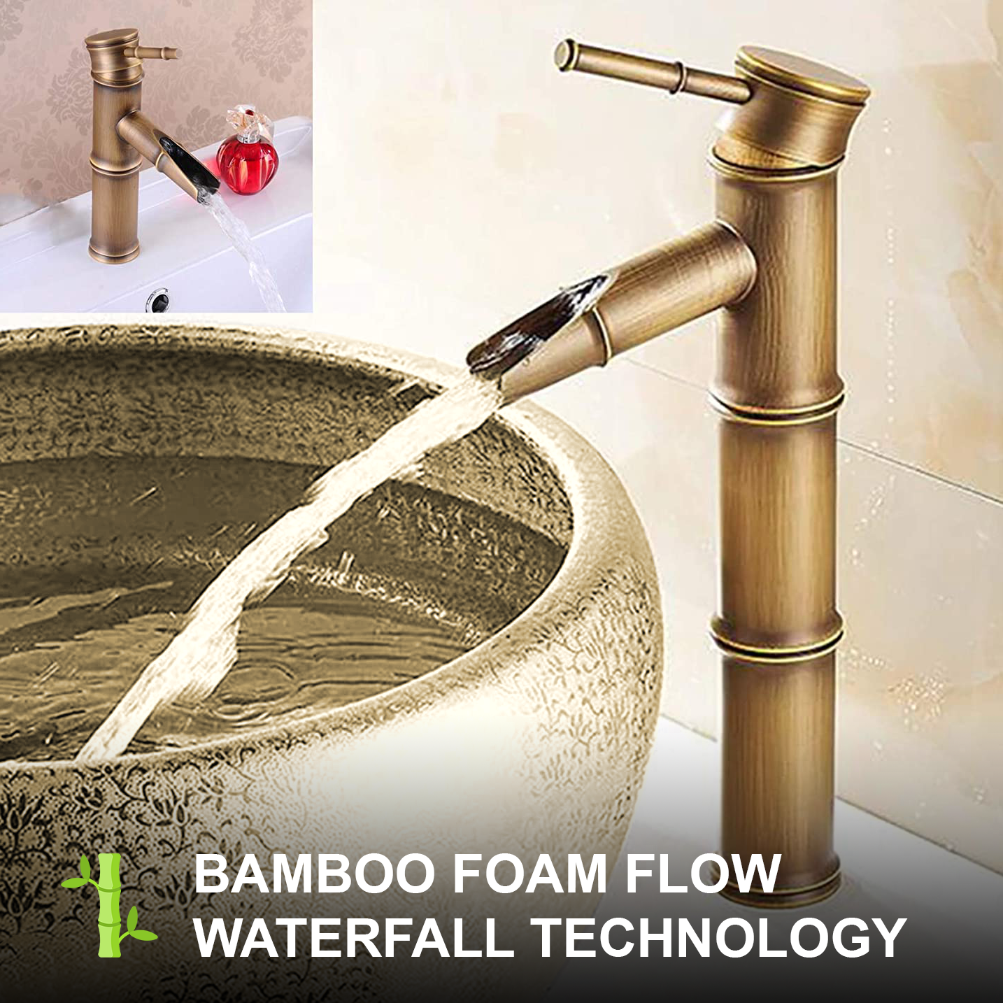 Pixaflo Bamboo Brass Extended Tall Body Hot & Cold Single Lever Basin Mixer 12" Antique Tap with 24 inches Long Braided Hoses | Brushed Brass