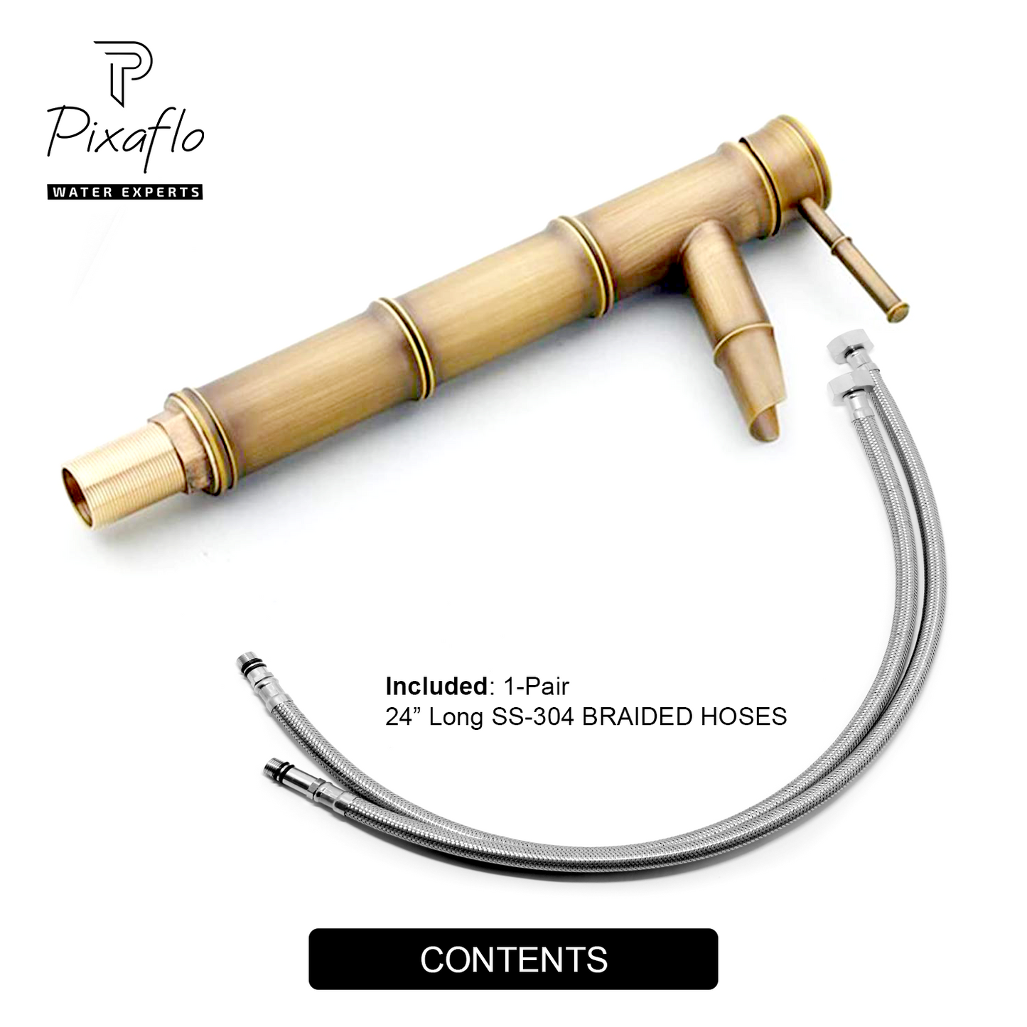 Pixaflo Bamboo Brass Extended Tall Body Hot & Cold Single Lever Basin Mixer 12" Antique Tap with 24 inches Long Braided Hoses | Brushed Brass