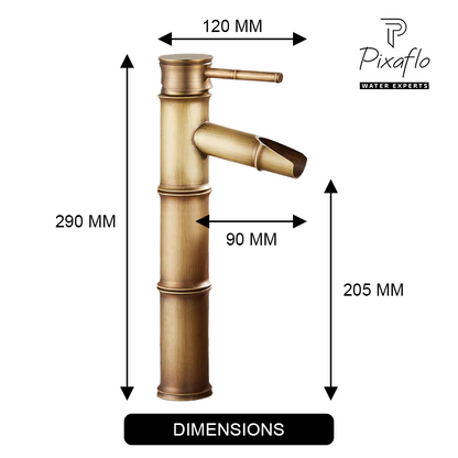 Pixaflo Bamboo Brass Extended Tall Body Hot & Cold Single Lever Basin Mixer 12" Antique Tap with 24 inches Long Braided Hoses | Brushed Brass