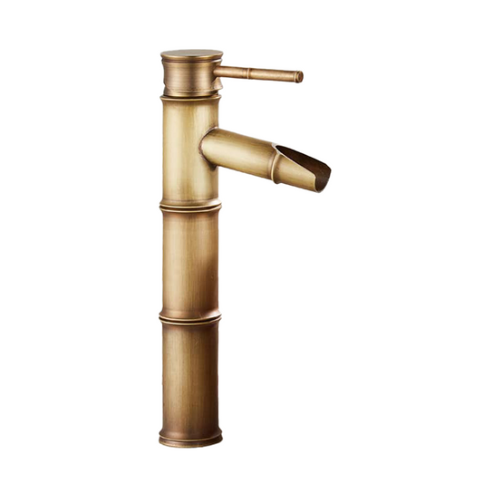 Pixaflo Bamboo Brass Extended Tall Body Hot & Cold Single Lever Basin Mixer 12" Antique Tap with 24 inches Long Braided Hoses | Brushed Brass