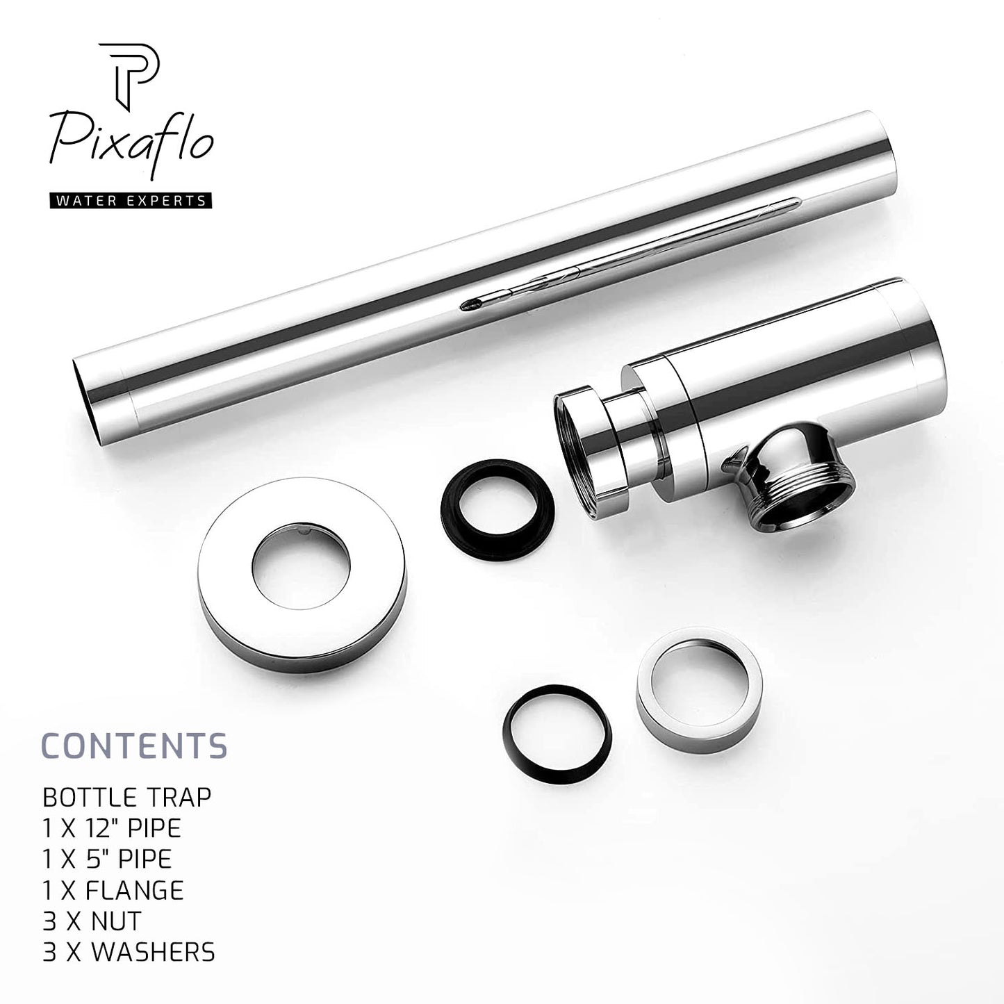 Pixaflo Premium Bottle Trap For Wash Basin and Kitchen Sink with Wall Flange | 12 inches Long Pipe | Chrome Finish | Combo Pack of 2