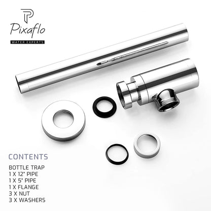 Pixaflo Premium Bottle Trap For Wash Basin and Kitchen Sink with Wall Flange | 12 inches Long Pipe | Chrome Finish | Combo Pack of 2