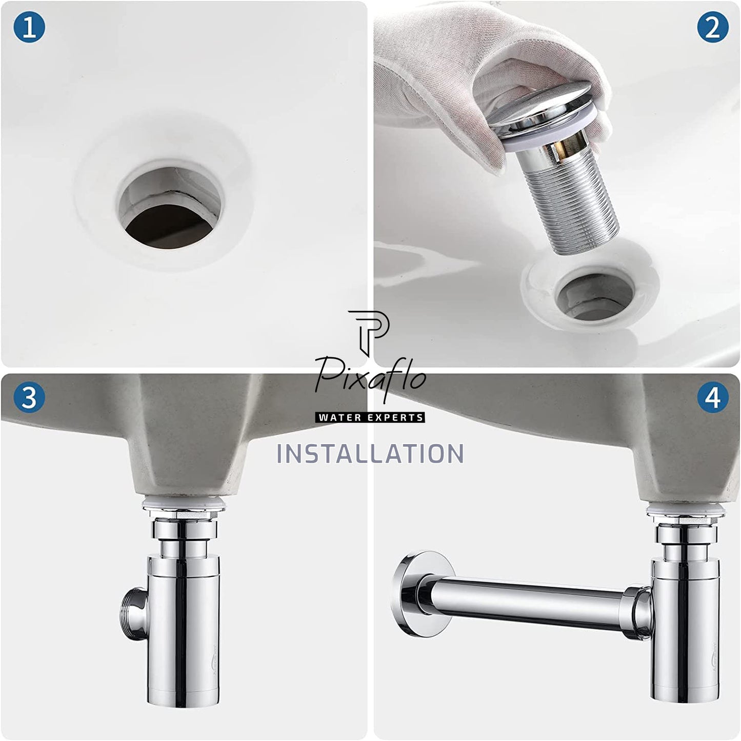 Pixaflo Premium Bottle Trap For Wash Basin and Kitchen Sink with Wall Flange | 12 inches Long Pipe | Chrome Finish | Combo Pack of 2