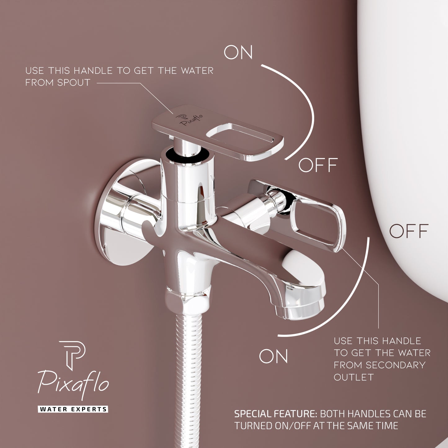 Pixaflo Cassia Brass 2 Way Bib Cock Tap | 2 in 1 Wall Mounted Faucet with Wall Flange | Chrome Finish