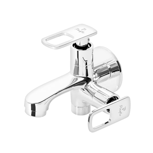 Pixaflo Cassia Brass 2 Way Bib Cock Tap | 2 in 1 Wall Mounted Faucet with Wall Flange | Chrome Finish