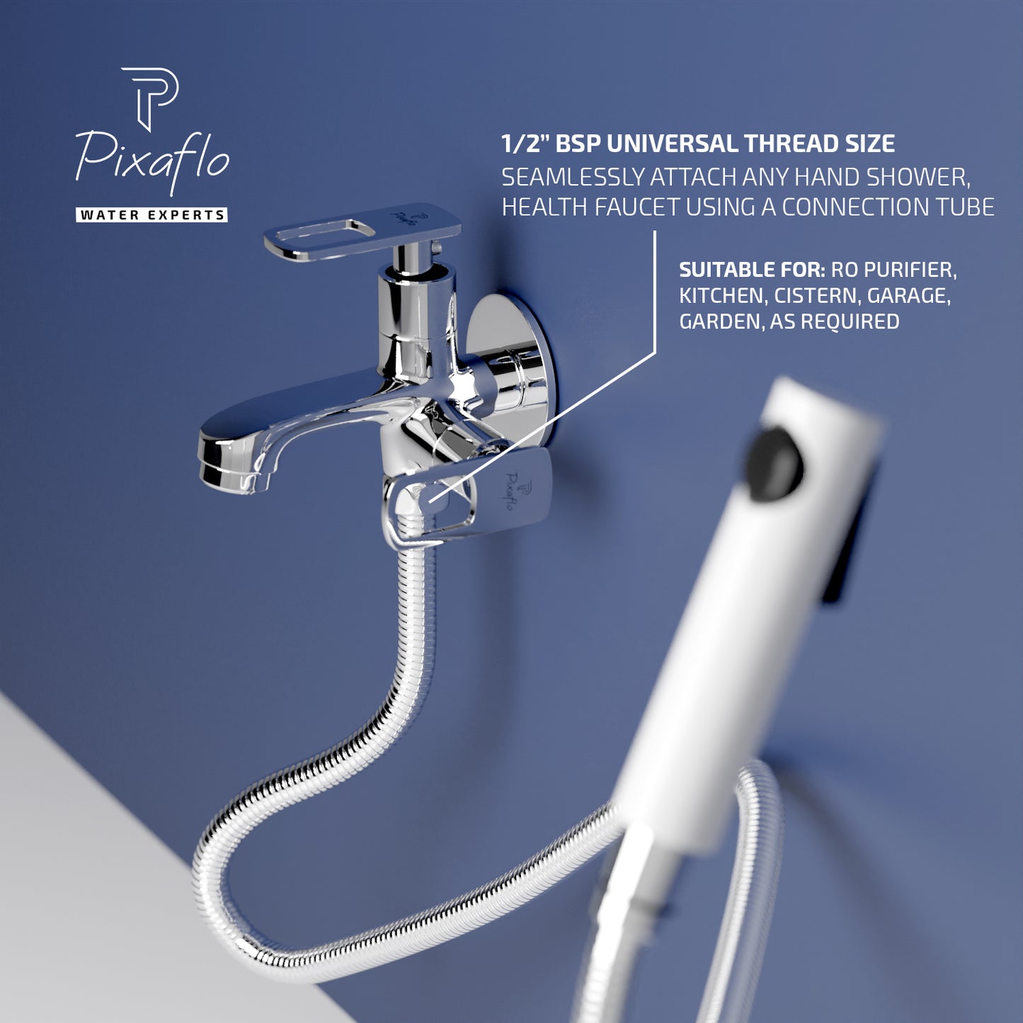 Pixaflo Cassia Brass 2 Way Bib Cock Tap | 2 in 1 Wall Mounted Faucet with Wall Flange | Chrome Finish