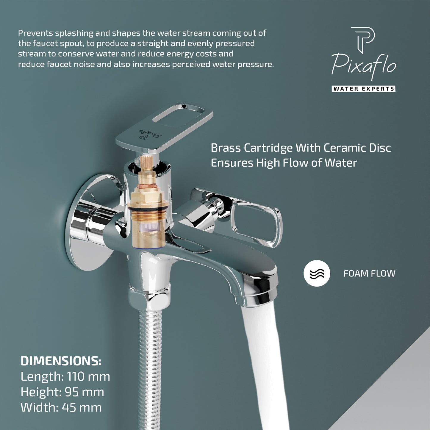 Pixaflo Cassia Brass 2 Way Bib Cock Tap | 2 in 1 Wall Mounted Faucet with Wall Flange | Chrome Finish
