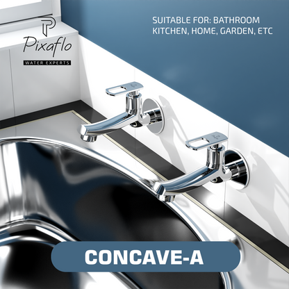 Pixaflo Concave-A Brass Long Body Bib Cock Tap with Wall Flange Combo | Chrome | Pack of 2