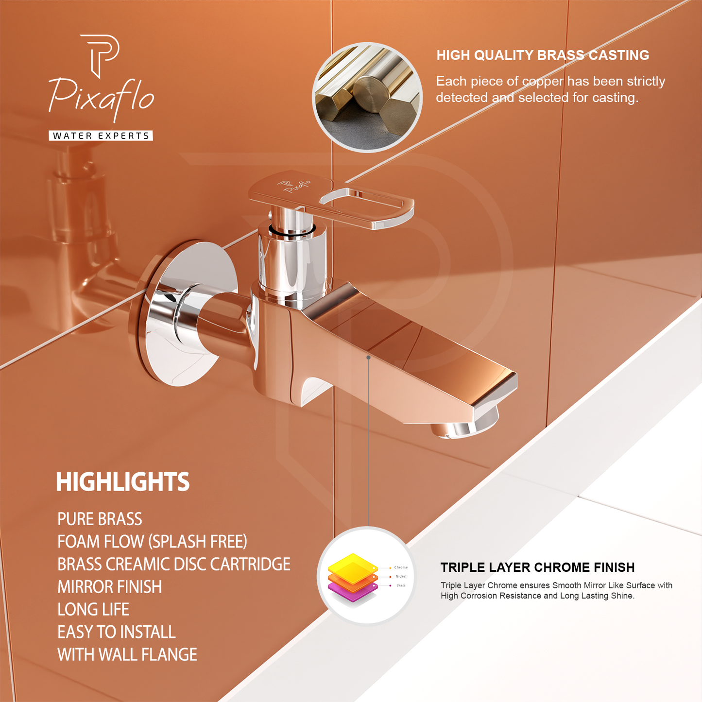 Pixaflo Hydric-A Brass Long Body Bib Cock Tap with Wall Flange Combo | Chrome | Pack of 2