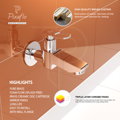 Pixaflo Hydric-A Brass Long Body Bib Cock Tap with Wall Flange Combo | Chrome | Pack of 2