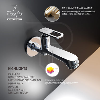Pixaflo Cassia Brass Long Body Bib Cock Tap with Wall Flange | Chrome