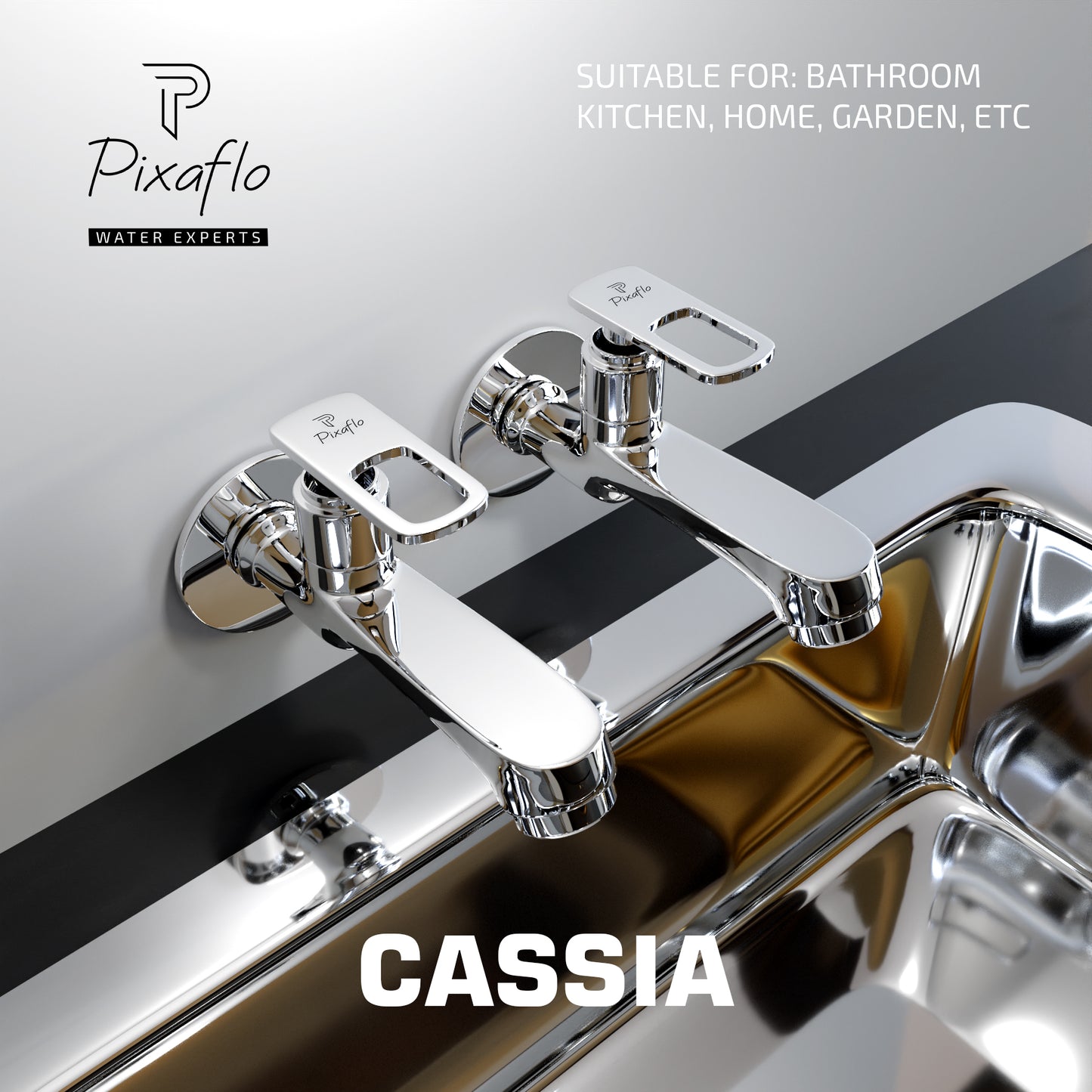 Pixaflo Cassia Brass Long Body Bib Cock Tap with Wall Flange Combo | Chrome | Pack of 2
