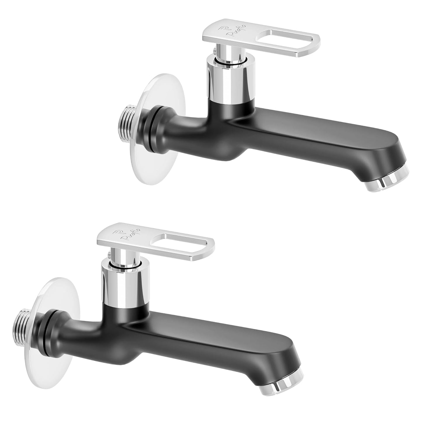 Pixaflo Cassia Brass Long Body Bib Cock Tap with Wall Flange Combo | Matte Black | Pack of 2