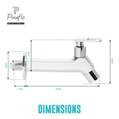 Pixaflo META-A Brass Long Body Bib Cock Tap with Wall Flange Combo | Chrome | Pack of 2