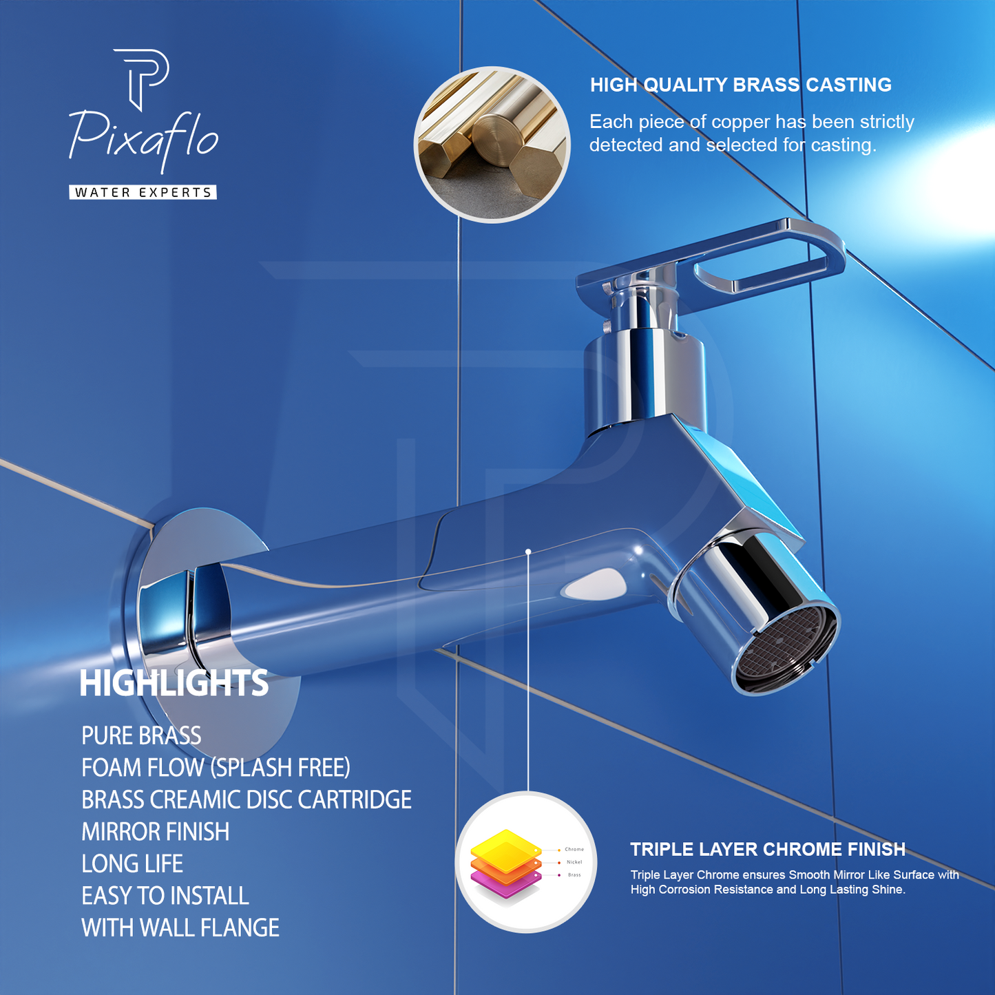 Pixaflo META-A Brass Long Body Bib Cock Tap with Wall Flange Combo | Chrome | Pack of 2