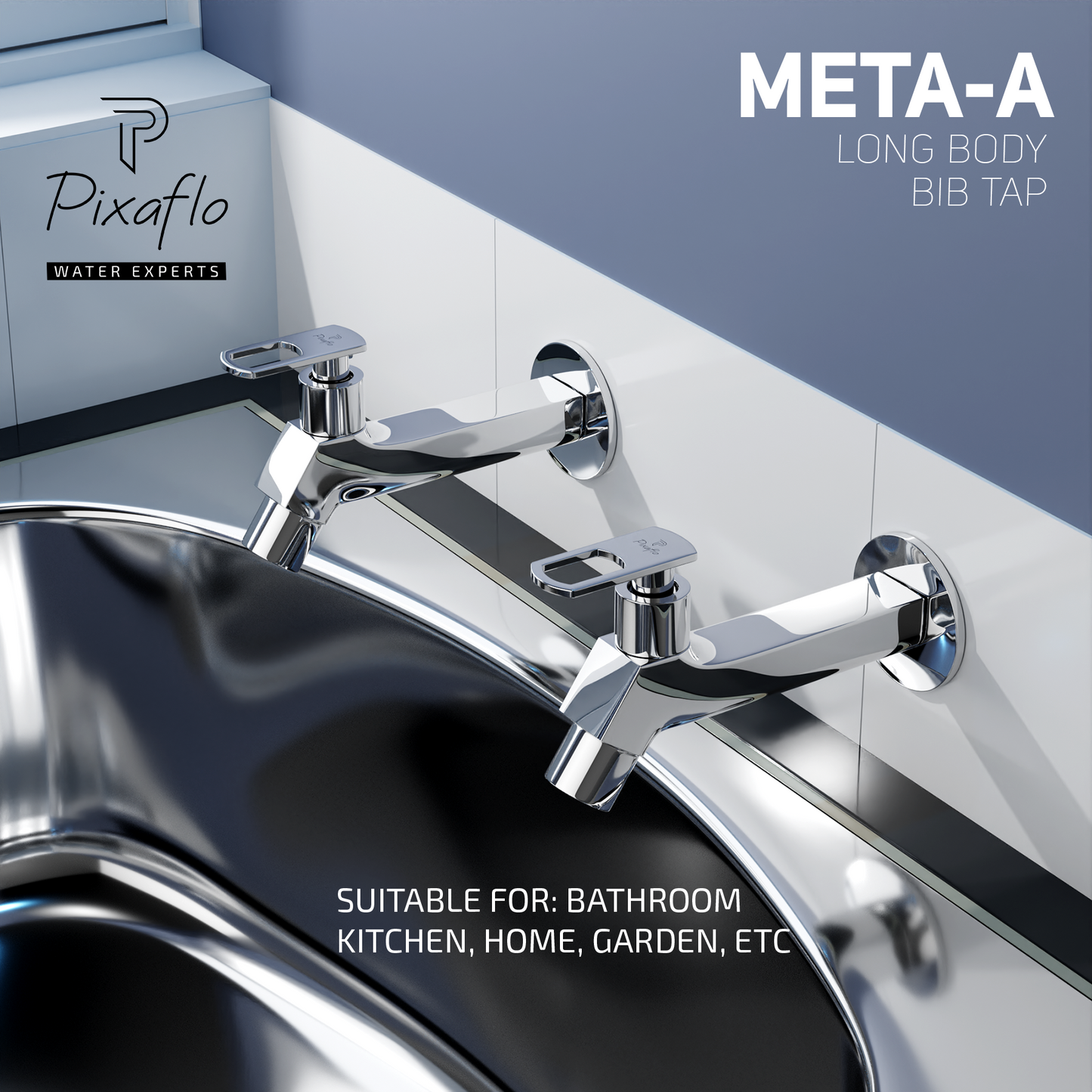 Pixaflo META-A Brass Long Body Bib Cock Tap with Wall Flange Combo | Chrome | Pack of 2