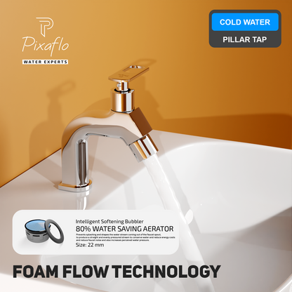 Pixaflo META-A Brass Pillar Tap for Wash Basin | Pillar Cock | Quarter-Turn | Ceramic Disc Cartridge | Foam Flow | Chrome Finish