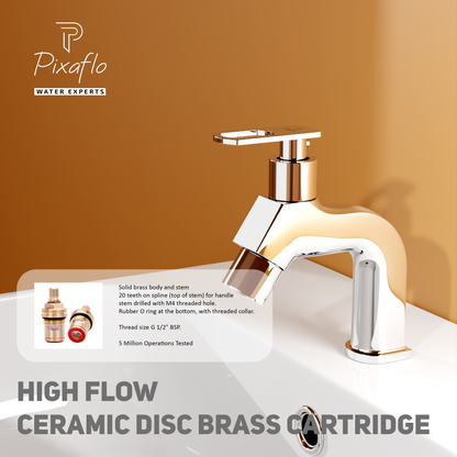 Pixaflo META-A Brass Pillar Tap for Wash Basin | Pillar Cock | Quarter-Turn | Ceramic Disc Cartridge | Foam Flow | Chrome Finish