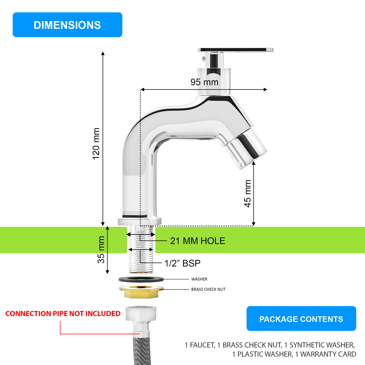 Pixaflo META-A Brass Pillar Tap for Wash Basin | Pillar Cock | Quarter-Turn | Ceramic Disc Cartridge | Foam Flow | Chrome Finish