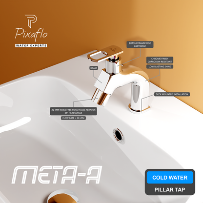 Pixaflo META-A Brass Pillar Tap for Wash Basin | Pillar Cock | Quarter-Turn | Ceramic Disc Cartridge | Foam Flow | Chrome Finish