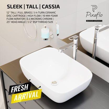 Pixaflo Cassia Brass Extended Tall Body Pillar Cock 12 inch Tap for Wash Basin | Deck Mounted | Cold Water Tap (Not Hot & Cold Mixer) | Counter Top/Table Top Faucet | Foam Flow | Chrome Finish