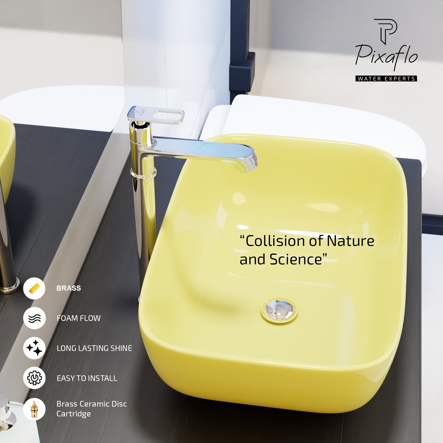 Pixaflo Cassia Brass Extended Tall Body Pillar Cock 12 inch Tap for Wash Basin | Deck Mounted | Cold Water Tap (Not Hot & Cold Mixer) | Counter Top/Table Top Faucet | Foam Flow | Chrome Finish