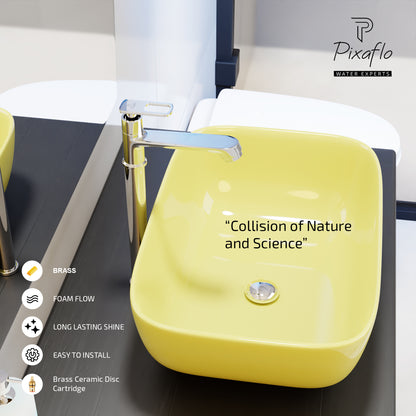 Pixaflo Cassia Brass Extended Tall Body Pillar Cock 12 inch Tap for Wash Basin | Deck Mounted | Cold Water Tap (Not Hot & Cold Mixer) | Counter Top/Table Top Faucet | Foam Flow | Chrome Finish