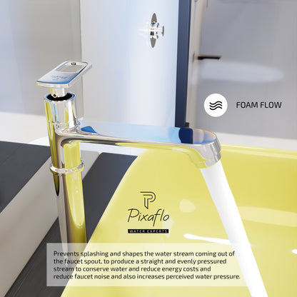 Pixaflo Cassia Brass Extended Tall Body Pillar Cock 12 inch Tap for Wash Basin | Deck Mounted | Cold Water Tap (Not Hot & Cold Mixer) | Counter Top/Table Top Faucet | Foam Flow | Chrome Finish