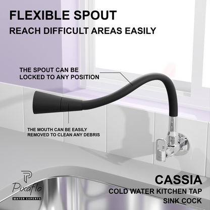 Pixaflo Cassia Brass Sink Cock Tap with Wall Flange | with Black Dual Flow 360-degree Swivel Flexible Silicone Swivel Spout for Kitchen Sink | Wall Mounted