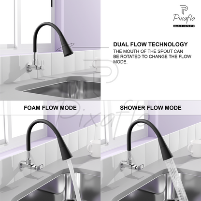 Pixaflo Cassia Brass Sink Cock Tap with Wall Flange | with Black Dual Flow 360-degree Swivel Flexible Silicone Swivel Spout for Kitchen Sink | Wall Mounted