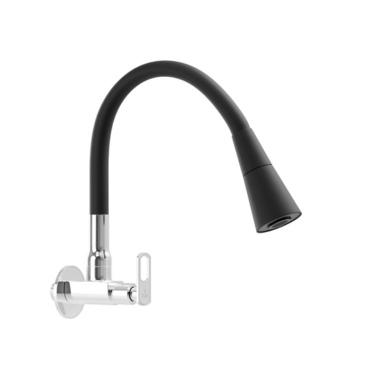 Pixaflo Cassia Brass Sink Cock Tap with Wall Flange | with Black Dual Flow 360-degree Swivel Flexible Silicone Swivel Spout for Kitchen Sink | Wall Mounted