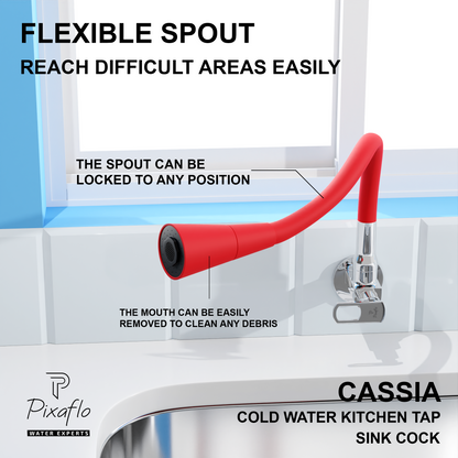 Pixaflo Cassia Brass Sink Cock Tap with Wall Flange | with Red Dual Flow 360-degree Swivel Flexible Silicone Swivel Spout for Kitchen Sink | Wall Mounted