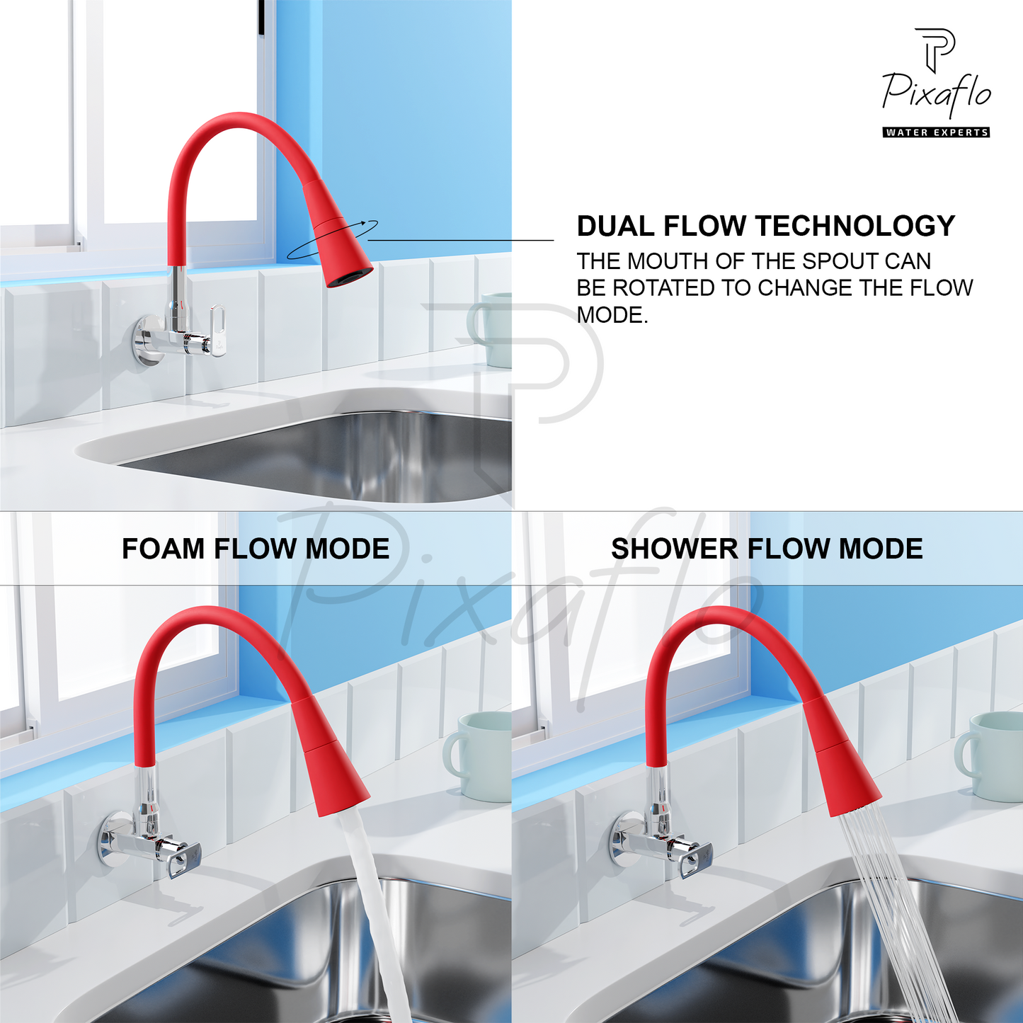 Pixaflo Cassia Brass Sink Cock Tap with Wall Flange | with Red Dual Flow 360-degree Swivel Flexible Silicone Swivel Spout for Kitchen Sink | Wall Mounted