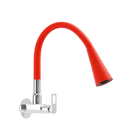 Pixaflo Cassia Brass Sink Cock Tap with Wall Flange | with Red Dual Flow 360-degree Swivel Flexible Silicone Swivel Spout for Kitchen Sink | Wall Mounted
