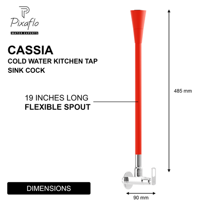 Pixaflo Cassia Brass Sink Cock Tap with Wall Flange | with Red Dual Flow 360-degree Swivel Flexible Silicone Swivel Spout for Kitchen Sink | Wall Mounted