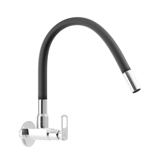 Pixaflo Cassia Brass Sink Cock Tap with Wall Flange | with Black Foam Flow 360-degree Swivel Flexible Silicone Swivel Spout for Kitchen Sink | Wall Mounted