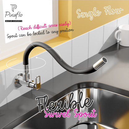 Pixaflo Cassia Brass Sink Cock Tap with Wall Flange | with Black Foam Flow 360-degree Swivel Flexible Silicone Swivel Spout for Kitchen Sink | Wall Mounted