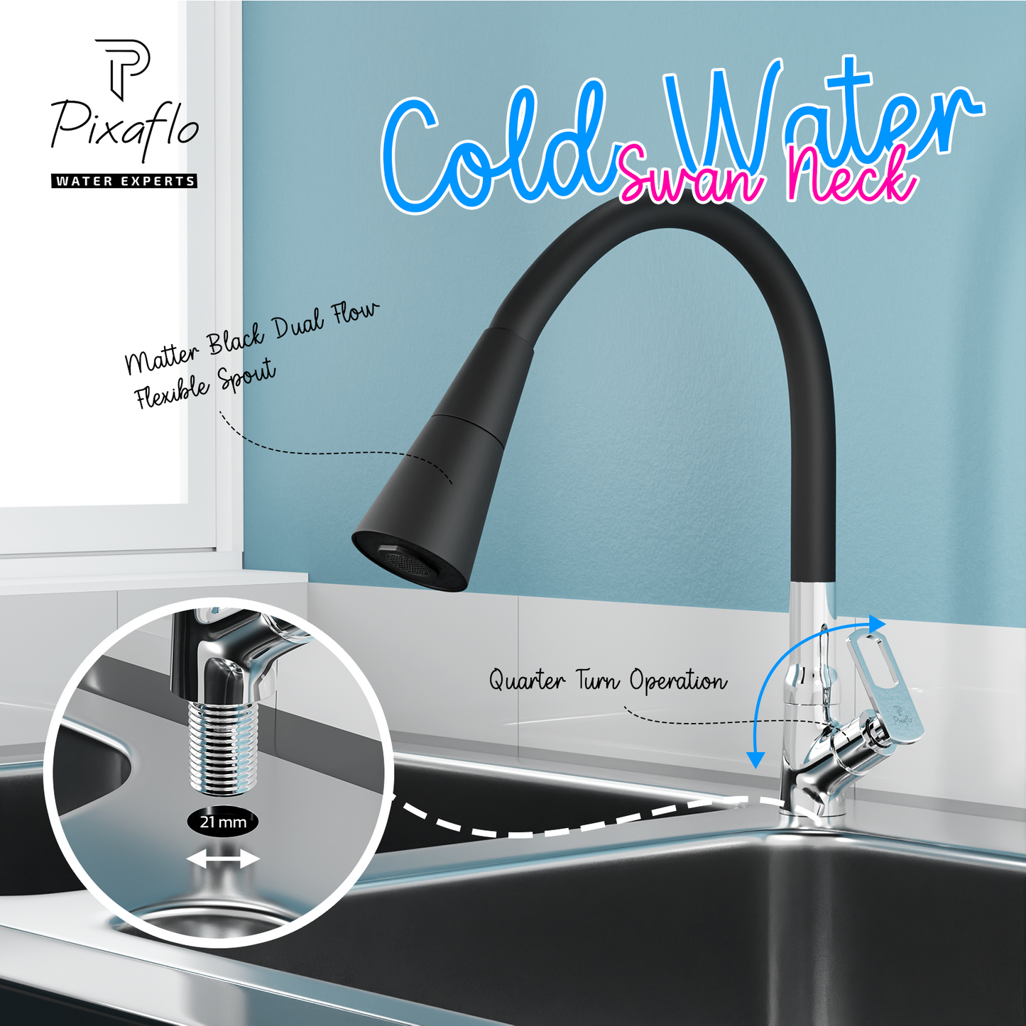 Pixaflo Cassia Brass Swan Neck Tap | with Black Dual Flow 360-degree Swivel Flexible Silicone Swivel Spout for Kitchen Sink and Wash Basin