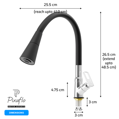Pixaflo Cassia Brass Swan Neck Tap | with Black Dual Flow 360-degree Swivel Flexible Silicone Swivel Spout for Kitchen Sink and Wash Basin
