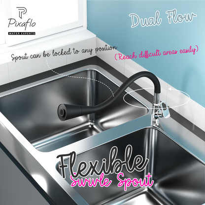 Pixaflo Cassia Brass Swan Neck Tap | with Black Dual Flow 360-degree Swivel Flexible Silicone Swivel Spout for Kitchen Sink and Wash Basin