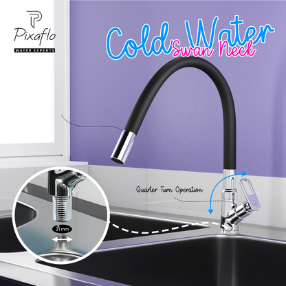 Pixaflo Cassia Brass Swan Neck Tap | with Black Foam Flow 360-degree Swivel Flexible Silicone Swivel Spout for Kitchen Sink and Wash Basin