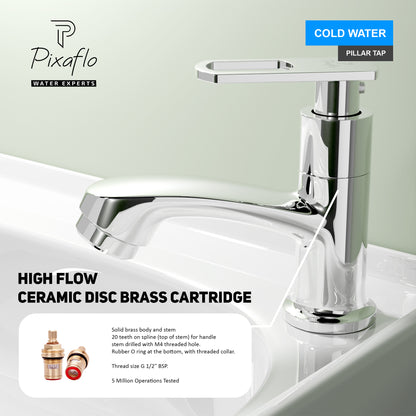 Pixaflo Cassia Brass Pillar Tap for Wash Basin | Pillar Cock | Quarter-Turn | Ceramic Disc Cartridge | Foam Flow | Chrome Finish
