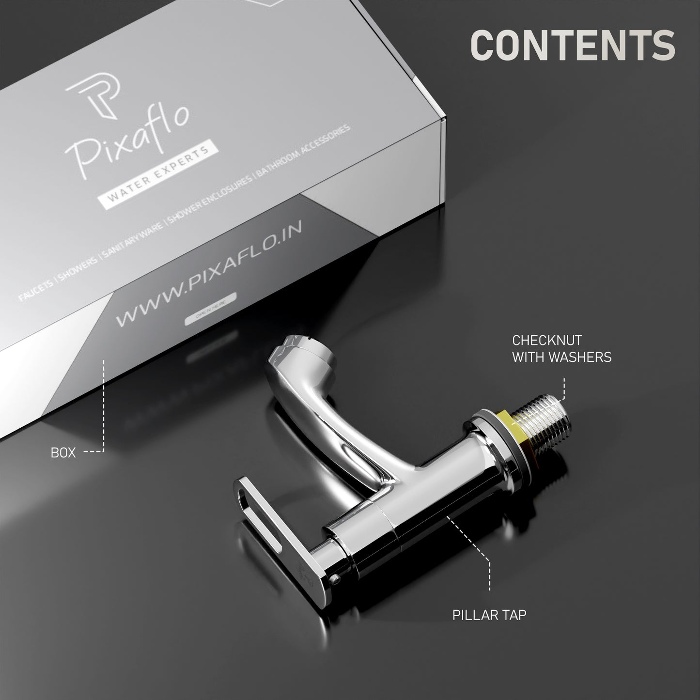 Pixaflo Cassia Brass Pillar Tap for Wash Basin | Pillar Cock | Quarter-Turn | Ceramic Disc Cartridge | Foam Flow | Chrome Finish