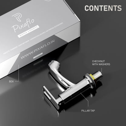 Pixaflo Cassia Brass Pillar Tap for Wash Basin | Pillar Cock | Quarter-Turn | Ceramic Disc Cartridge | Foam Flow | Chrome Finish