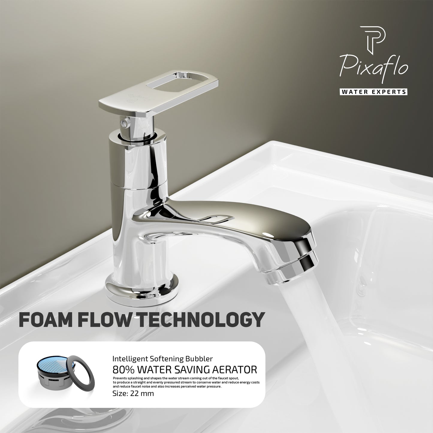 Pixaflo Cassia Brass Pillar Tap for Wash Basin | Pillar Cock | Quarter-Turn | Ceramic Disc Cartridge | Foam Flow | Chrome Finish
