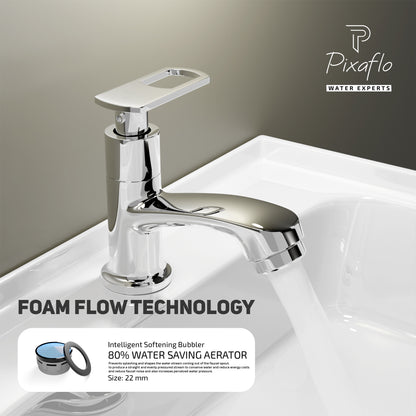 Pixaflo Cassia Brass Pillar Tap for Wash Basin | Pillar Cock | Quarter-Turn | Ceramic Disc Cartridge | Foam Flow | Chrome Finish