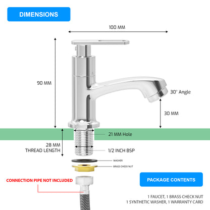 Pixaflo Cassia Brass Pillar Tap for Wash Basin | Pillar Cock | Quarter-Turn | Ceramic Disc Cartridge | Foam Flow | Chrome Finish
